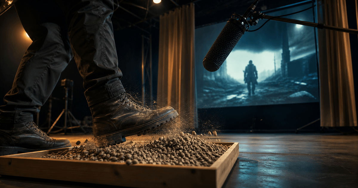 Foley stage with boots stepping through gravel, boom microphone, acoustic curtains, and projected film scene